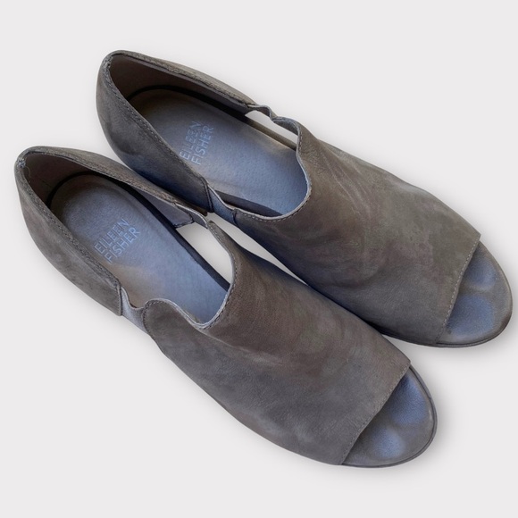 Eileen Fisher Gray Suede Gray Grey Leather Peep Toe Pump Elastic Side Size 8.5 - Picture 2 of 10